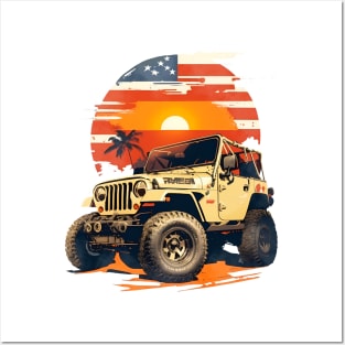 Vintage Summer 4th of July Jeep Beach Sunset Independence Day Posters and Art